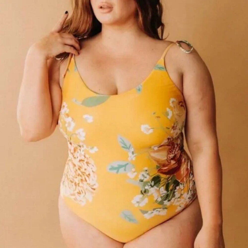 NWOT Albion The Natalie Yellow Floral Shoulder Tie One Piece Swimsuit Size XXL